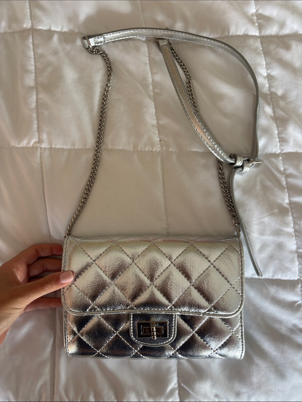 Quilted Metallic Silver Crossbody Bag - Women's Shoulder Purse